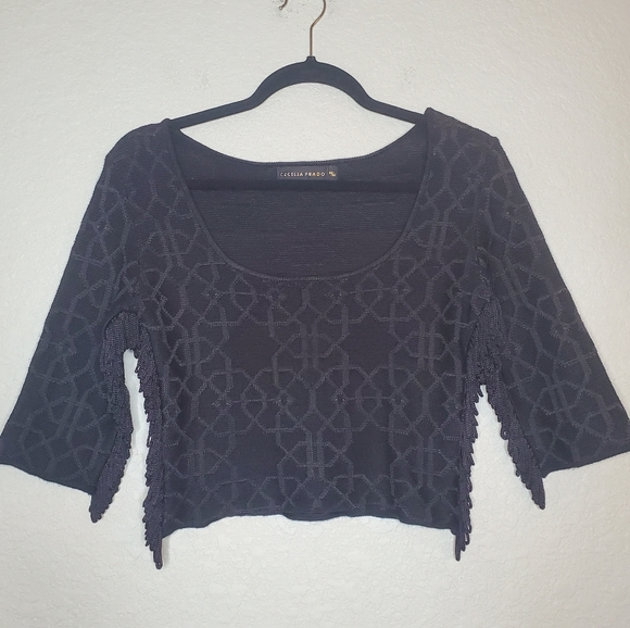 CECILIA PRADO ANTHROPOLOGIE Black Fringe Crop Top - Picture 1 of 8